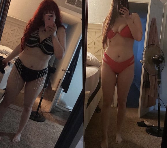 A photo of a 5'10" woman showing a weight cut from 305 pounds to 180 pounds. A total loss of 125 pounds.