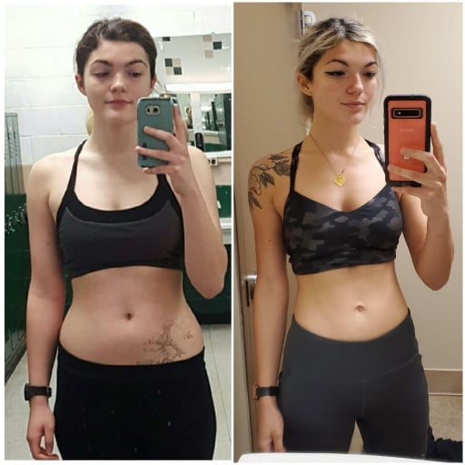 A progress pic of a 5'11" woman showing a fat loss from 170 pounds to 150 pounds. A net loss of 20 pounds.
