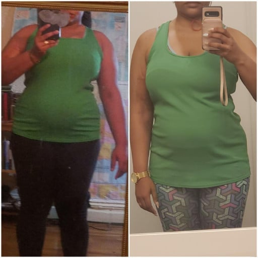A progress pic of a 5'2" woman showing a fat loss from 220 pounds to 190 pounds. A respectable loss of 30 pounds.