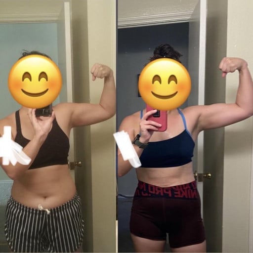 A progress pic of a 5'4" woman showing a muscle gain from 135 pounds to 150 pounds. A net gain of 15 pounds.