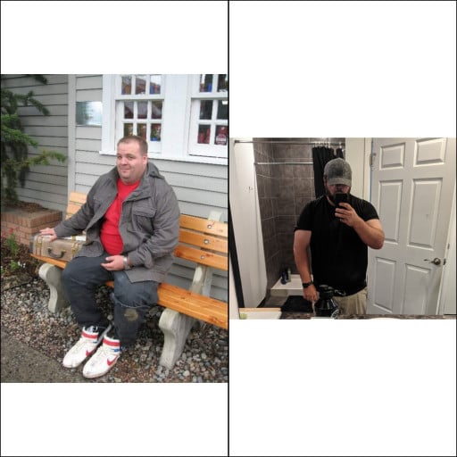A progress pic of a 5'11" man showing a fat loss from 345 pounds to 290 pounds. A respectable loss of 55 pounds.