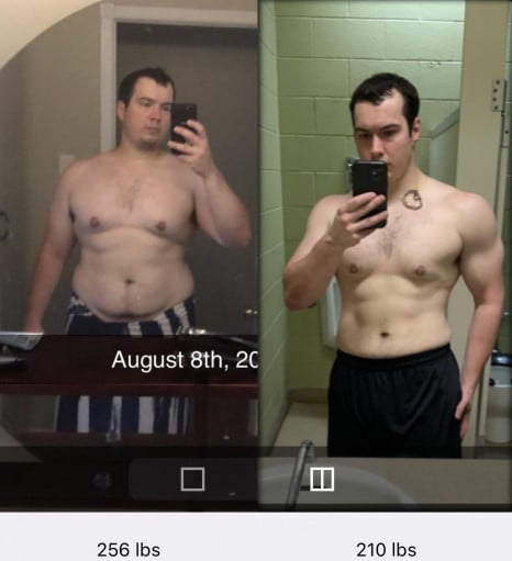 A photo of a 5'10" man showing a weight cut from 256 pounds to 210 pounds. A total loss of 46 pounds.
