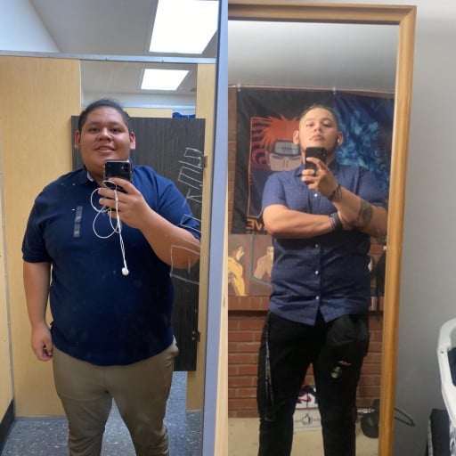 A progress pic of a 6'2" man showing a fat loss from 375 pounds to 270 pounds. A net loss of 105 pounds.