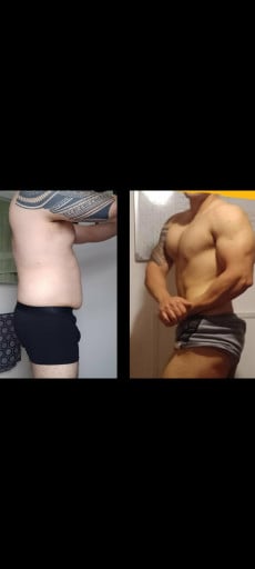 A before and after photo of a 11'8" male showing a weight reduction from 253 pounds to 169 pounds. A total loss of 84 pounds.