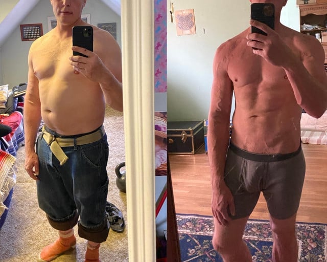 Before and After 35 lbs Fat Loss 5 feet 9 Male 210 lbs to 175 lbs