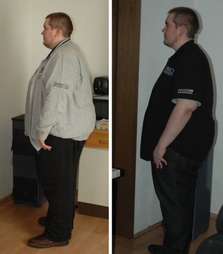 A photo of a 5'9" man showing a fat loss from 442 pounds to 341 pounds. A respectable loss of 101 pounds.