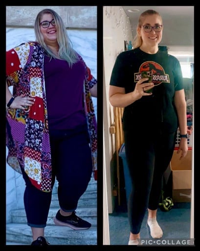 A progress pic of a 6'3" woman showing a fat loss from 447 pounds to 267 pounds. A net loss of 180 pounds.