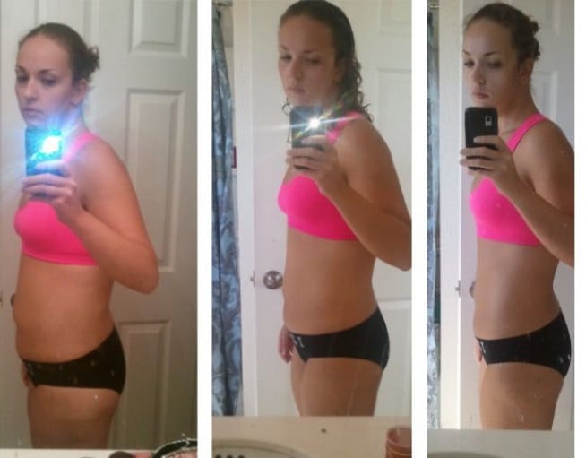 A progress pic of a 5'8" woman showing a fat loss from 158 pounds to 146 pounds. A net loss of 12 pounds.