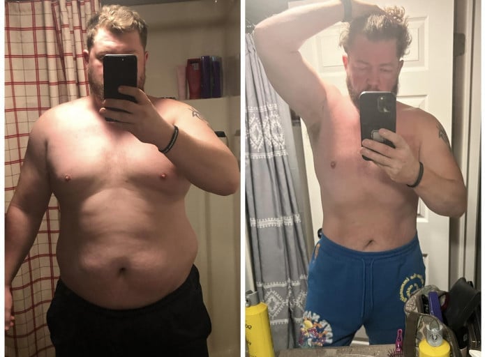 A progress pic of a 6'1" man showing a fat loss from 330 pounds to 230 pounds. A total loss of 100 pounds.