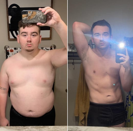 A picture of a 5'9" male showing a weight loss from 268 pounds to 178 pounds. A total loss of 90 pounds.