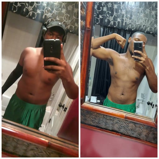 A progress pic of a 5'11" man showing a fat loss from 220 pounds to 174 pounds. A total loss of 46 pounds.
