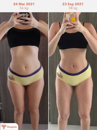 A before and after photo of a 5'3" female showing a weight gain from 123 pounds to 127 pounds. A respectable gain of 4 pounds.
