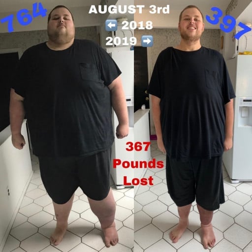 A before and after photo of a 6'8" male showing a weight reduction from 764 pounds to 397 pounds. A total loss of 367 pounds.