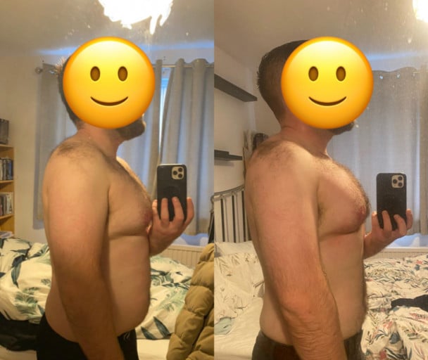 A before and after photo of a 5'8" male showing a weight reduction from 202 pounds to 185 pounds. A respectable loss of 17 pounds.