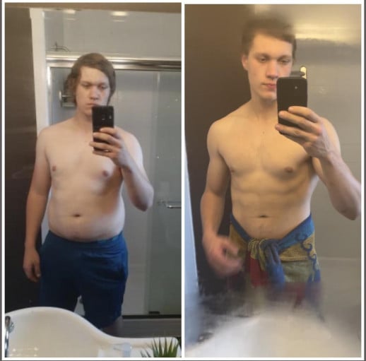 A before and after photo of a 6'2" male showing a weight reduction from 240 pounds to 194 pounds. A net loss of 46 pounds.