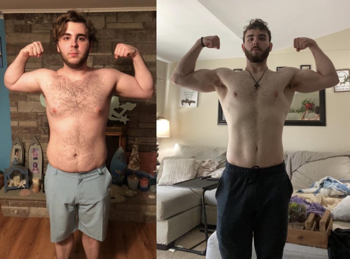 A progress pic of a 6'0" man showing a fat loss from 220 pounds to 185 pounds. A net loss of 35 pounds.