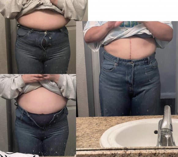 A progress pic of a 5'4" woman showing a fat loss from 218 pounds to 183 pounds. A respectable loss of 35 pounds.