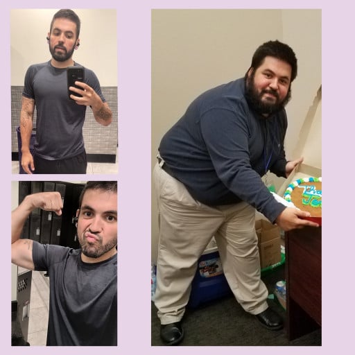 A before and after photo of a 5'8" male showing a weight reduction from 330 pounds to 165 pounds. A total loss of 165 pounds.