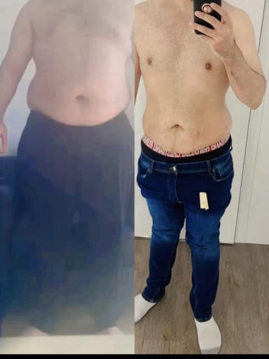 A progress pic of a 5'9" man showing a fat loss from 295 pounds to 202 pounds. A total loss of 93 pounds.