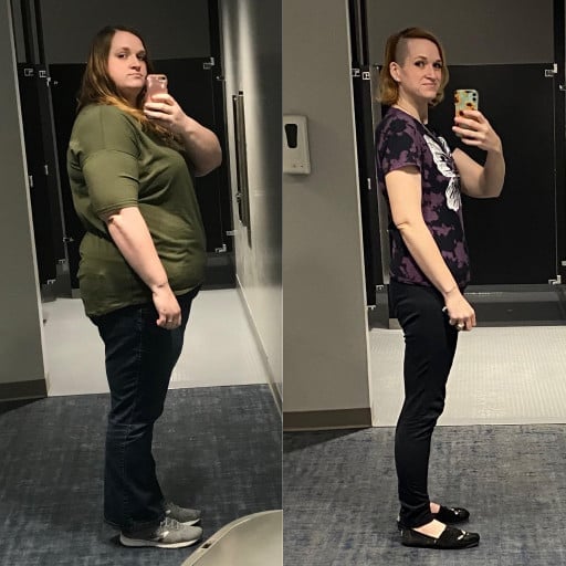 A picture of a 6'0" female showing a weight loss from 370 pounds to 170 pounds. A net loss of 200 pounds.