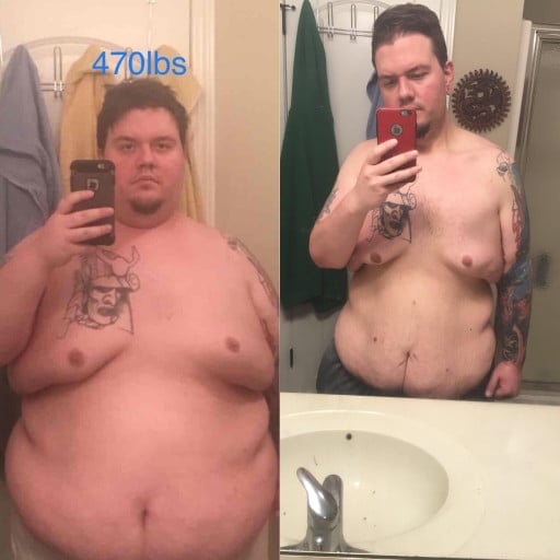 A photo of a 6'0" man showing a weight cut from 470 pounds to 270 pounds. A total loss of 200 pounds.