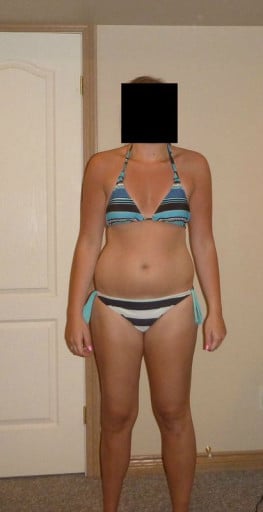 A before and after photo of a 5'8" female showing a snapshot of 168 pounds at a height of 5'8