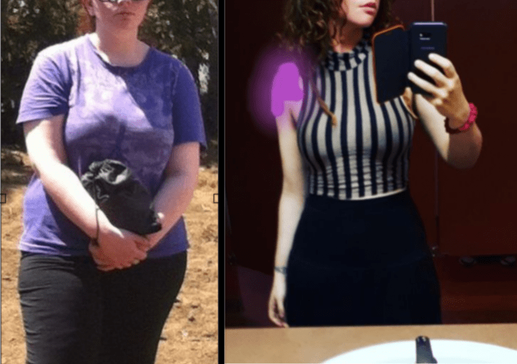 A progress pic of a 5'5" woman showing a fat loss from 210 pounds to 143 pounds. A net loss of 67 pounds.