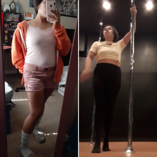 A before and after photo of a 4'11" female showing a weight reduction from 126 pounds to 116 pounds. A net loss of 10 pounds.