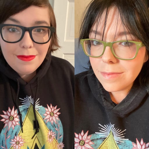 F/34/5’2 [215 > 163 = 52 lbs] As of today, I’m no longer obese! Face gains (still in my fave hoodie) to celebrate.