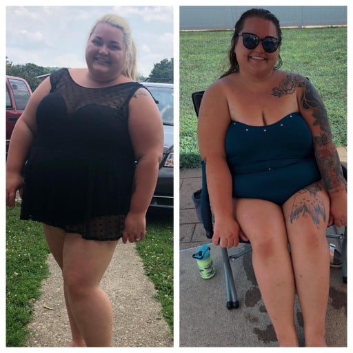 A progress pic of a 5'7" woman showing a fat loss from 393 pounds to 100 pounds. A net loss of 293 pounds.