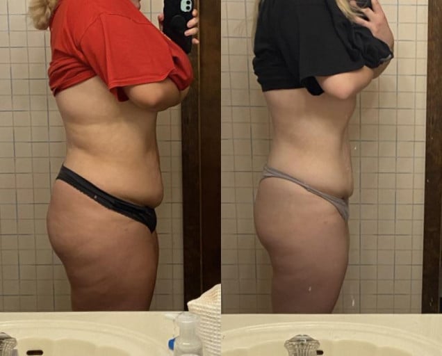A picture of a 5'4" female showing a weight loss from 220 pounds to 180 pounds. A total loss of 40 pounds.