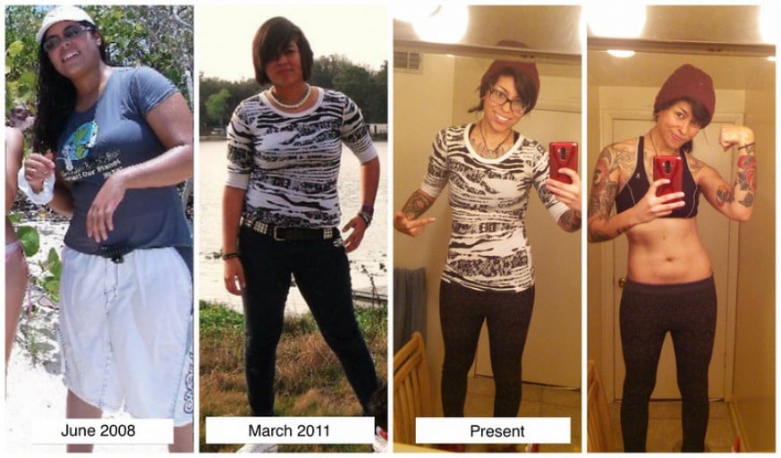 A progress pic of a 5'5" woman showing a fat loss from 183 pounds to 125 pounds. A respectable loss of 58 pounds.