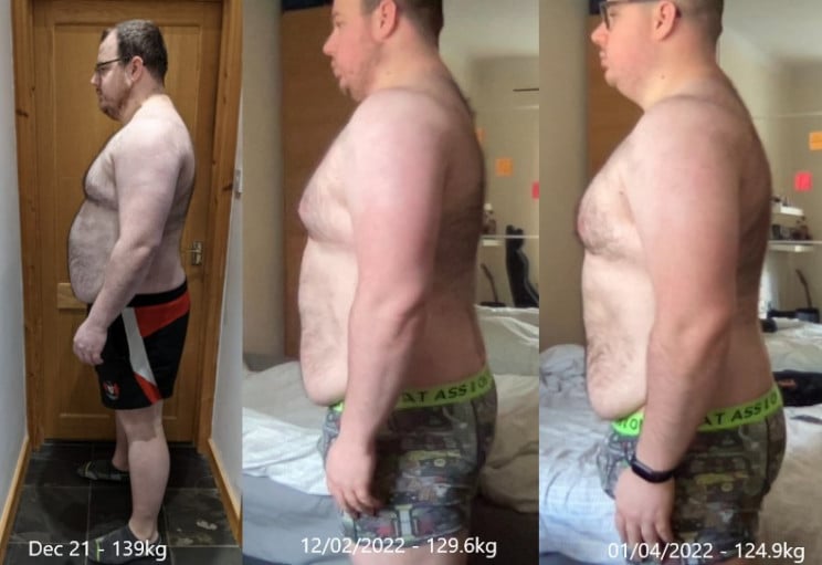 A before and after photo of a 5'11" male showing a weight reduction from 306 pounds to 275 pounds. A respectable loss of 31 pounds.