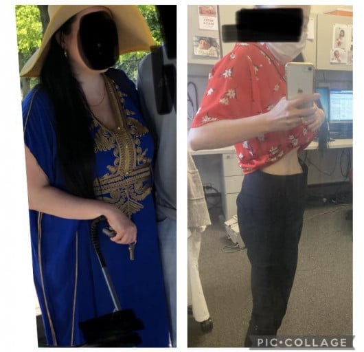 A before and after photo of a 5'2" female showing a weight reduction from 188 pounds to 135 pounds. A respectable loss of 53 pounds.
