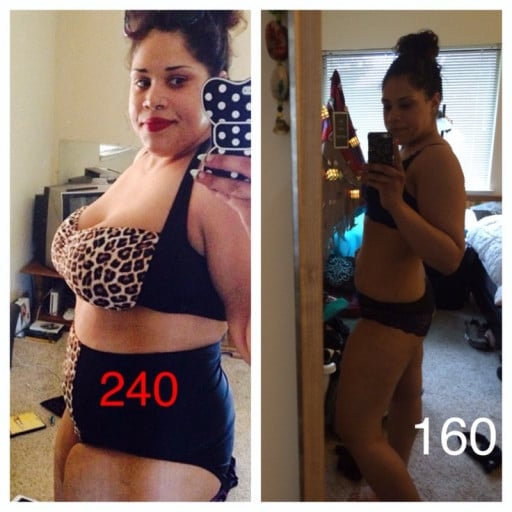 A picture of a 5'5" female showing a weight loss from 240 pounds to 160 pounds. A net loss of 80 pounds.