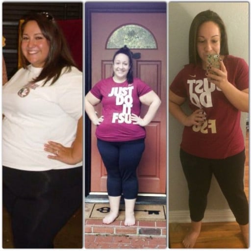 A progress pic of a 5'2" woman showing a fat loss from 330 pounds to 230 pounds. A total loss of 100 pounds.