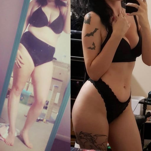 A picture of a 5'10" female showing a weight loss from 210 pounds to 140 pounds. A net loss of 70 pounds.