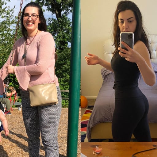 A before and after photo of a 5'8" female showing a weight reduction from 185 pounds to 148 pounds. A net loss of 37 pounds.