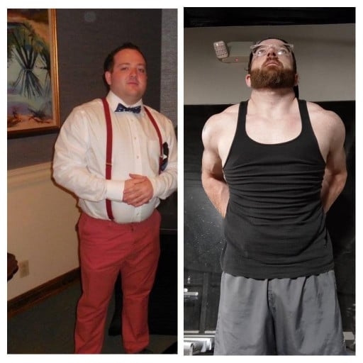 A picture of a 5'6" male showing a weight loss from 227 pounds to 180 pounds. A net loss of 47 pounds.