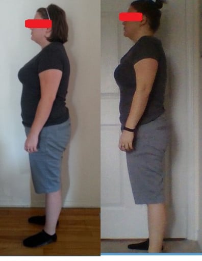 A picture of a 5'3" female showing a fat loss from 187 pounds to 170 pounds. A respectable loss of 17 pounds.