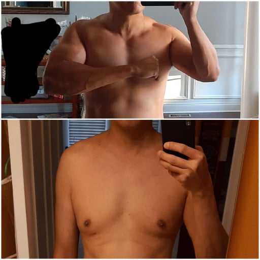 A before and after photo of a 6'1" male showing a muscle gain from 155 pounds to 180 pounds. A total gain of 25 pounds.