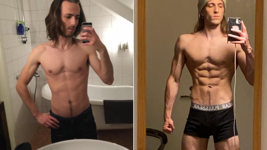 A progress pic of a 5'9" man showing a muscle gain from 123 pounds to 141 pounds. A net gain of 18 pounds.