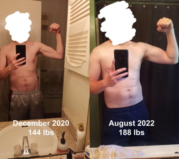 A progress pic of a 6'0" man showing a muscle gain from 144 pounds to 188 pounds. A net gain of 44 pounds.