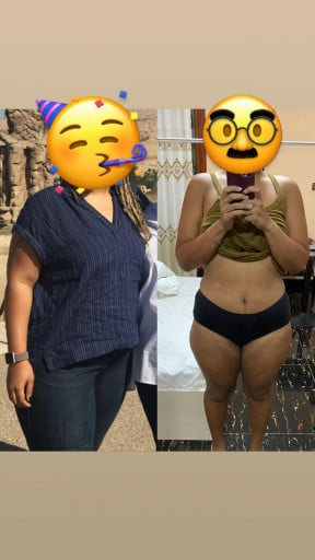 A before and after photo of a 5'7" female showing a weight reduction from 250 pounds to 208 pounds. A respectable loss of 42 pounds.