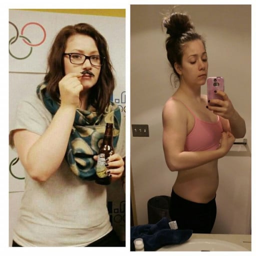 A photo of a 5'10" woman showing a weight cut from 215 pounds to 188 pounds. A total loss of 27 pounds.