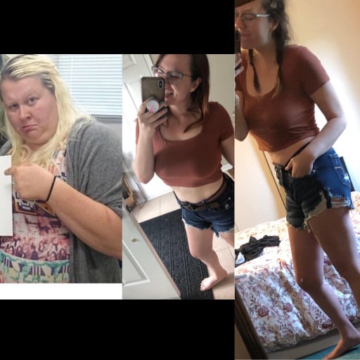 A picture of a 5'2" female showing a weight loss from 215 pounds to 122 pounds. A total loss of 93 pounds.