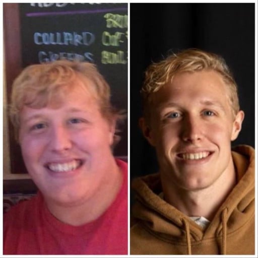 A before and after photo of a 6'0" male showing a weight reduction from 350 pounds to 201 pounds. A respectable loss of 149 pounds.