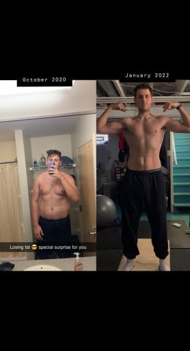 A progress pic of a 6'9" man showing a fat loss from 320 pounds to 220 pounds. A total loss of 100 pounds.