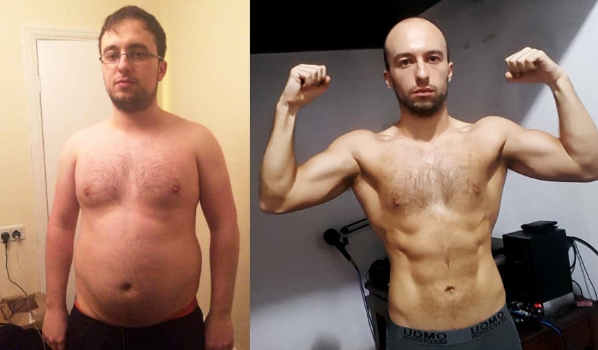 A picture of a 5'9" male showing a weight loss from 200 pounds to 154 pounds. A net loss of 46 pounds.