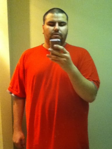 A photo of a 6'3" man showing a weight loss from 340 pounds to 220 pounds. A total loss of 120 pounds.